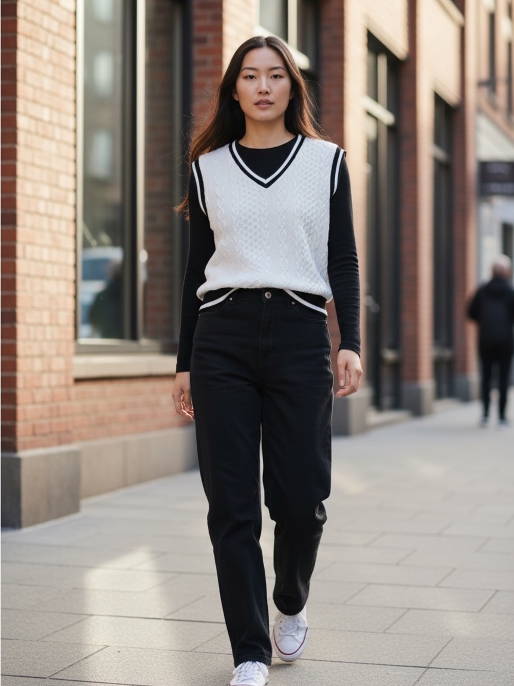 SHEIN Women's Cable-Knit Sweater Vest S White Black Contrast Trim V-Neck